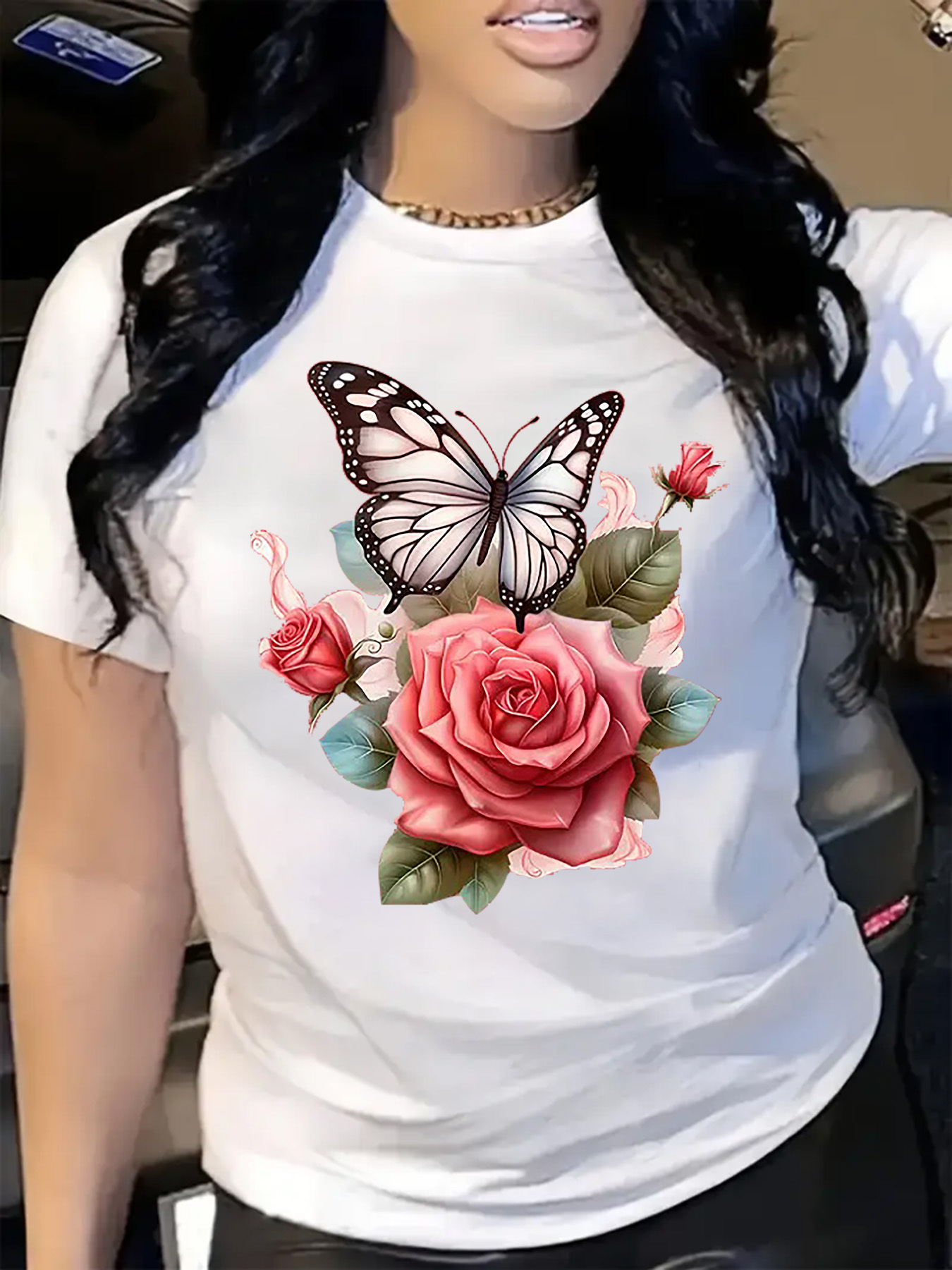 Summer Rose Clothing - Butterfly Rose Print Women's T-Shirt Casual