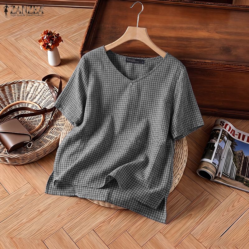 Summer Clothing Wear - Woman Summer Short Sleeve Plaid Blouses