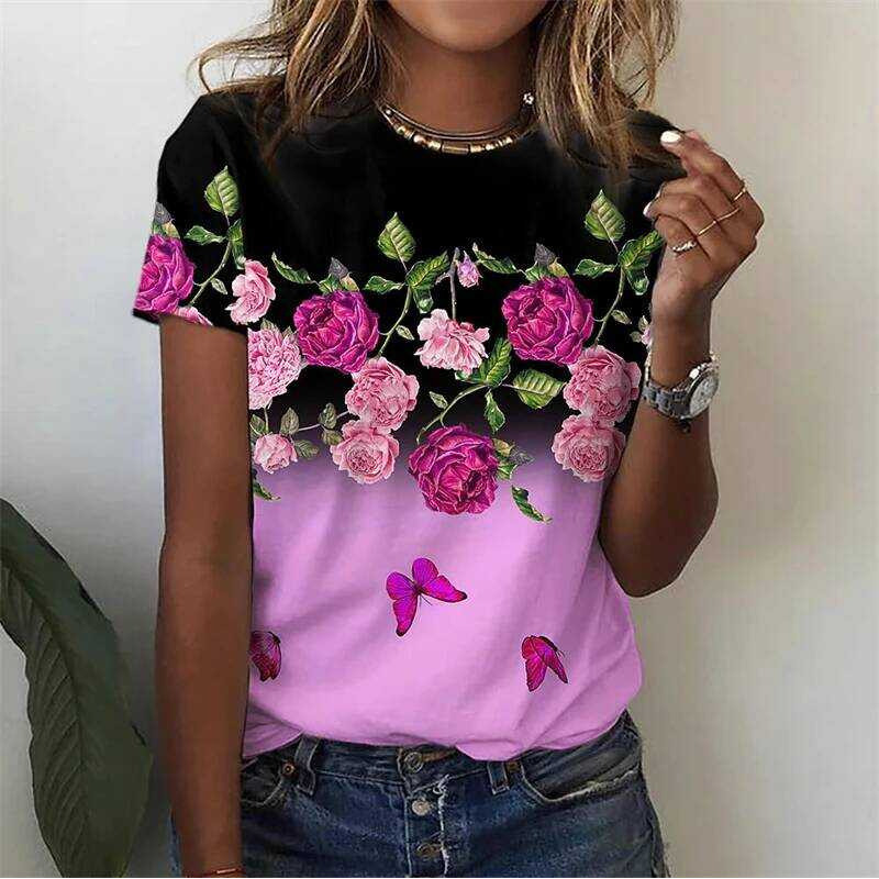 Summer Rose Clothing - Women's T‑shirt Gradient Rose Flower Butterfly