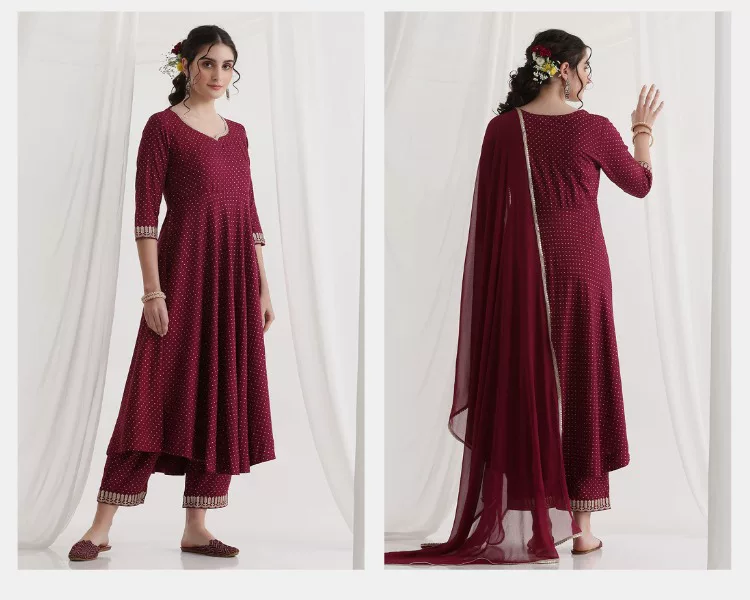 Women Maroon Ethnic Kurta Set  - огляд і ціна Summer Clothing Pakistan